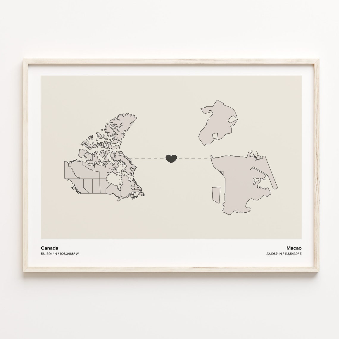 Canada To Macao Minimalist Love Connection Map Travel Poster