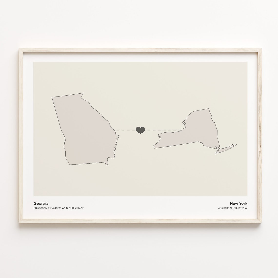 Georgia And New York Long Distance Love Minimalist Heart Map Poster