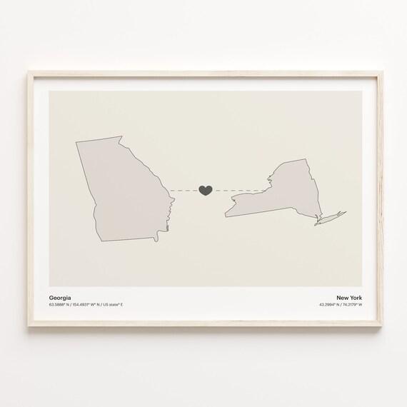 Georgia And New York Long Distance Love Minimalist Heart Map Poster