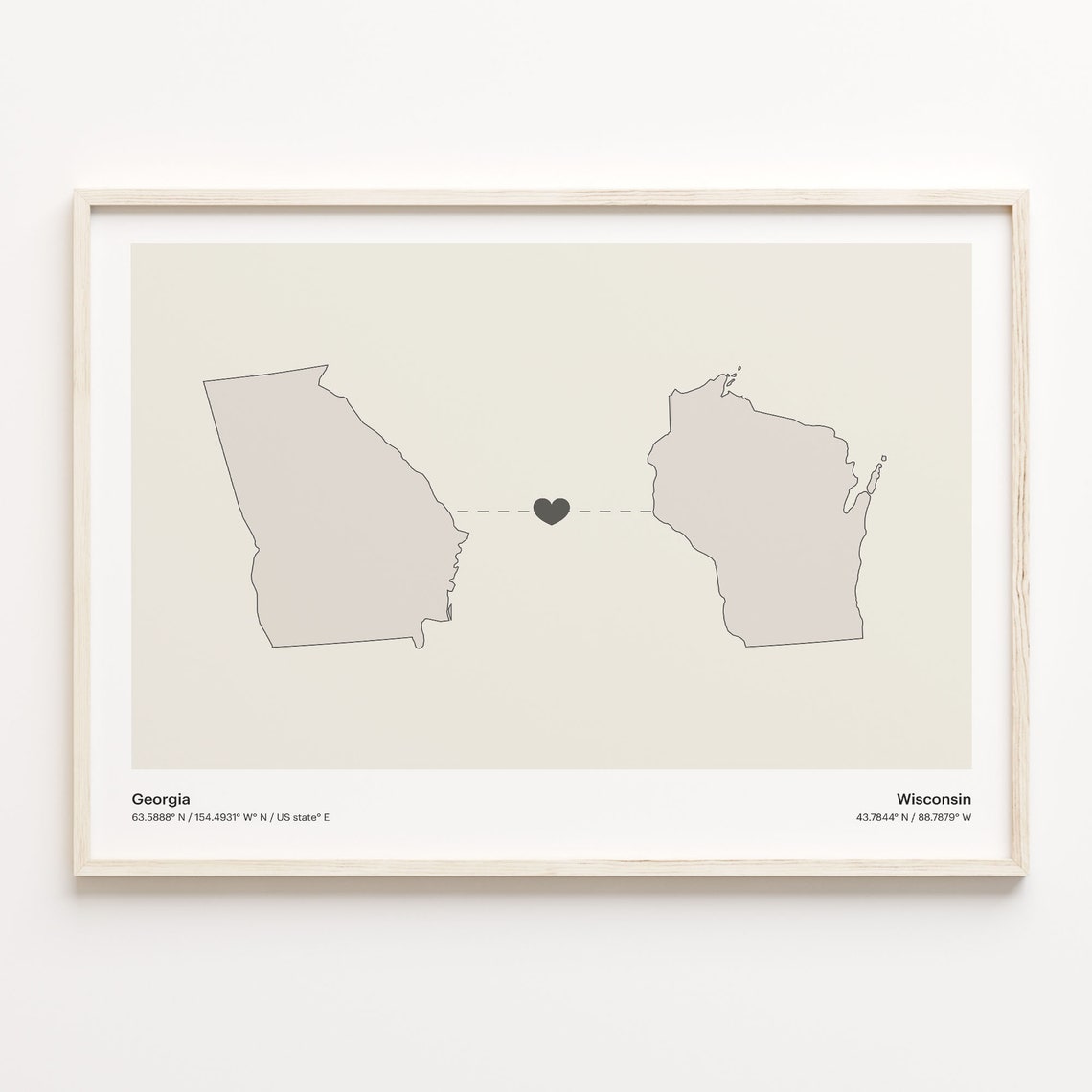 Georgia to Wisconsin Modern Minimalist Map Heart Line Art Poster