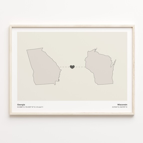 Georgia to Wisconsin Modern Minimalist Map Heart Line Art Poster