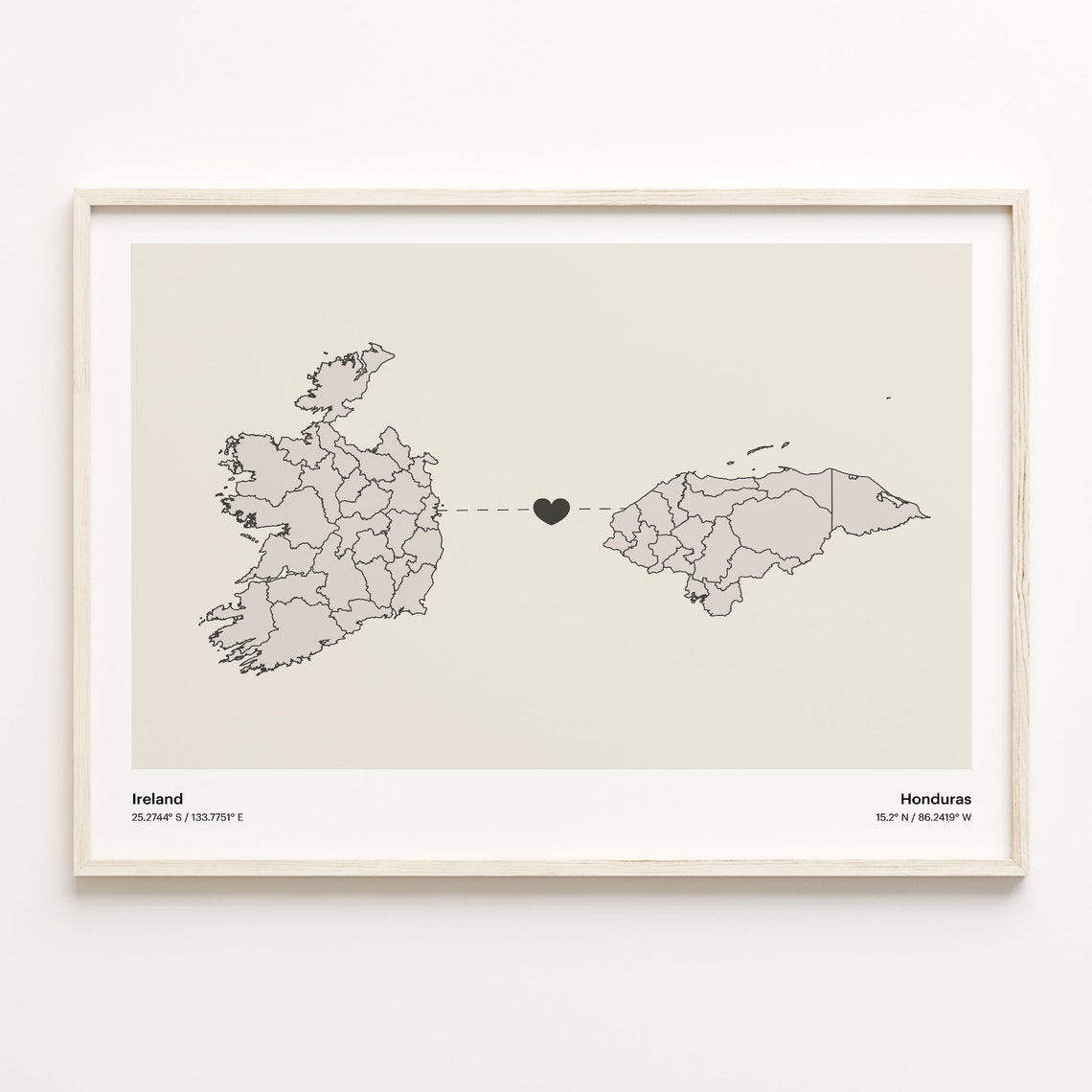 Ireland to Honduras Minimalist Heart Map Art Connection Poster