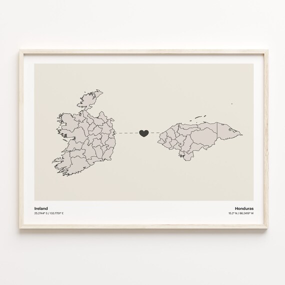 Ireland to Honduras Minimalist Heart Map Art Connection Poster