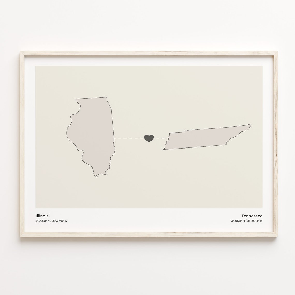 Illinois To Tennessee Heart Connection Minimalist Beige Map Poster