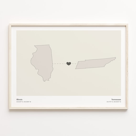 Illinois To Tennessee Heart Connection Minimalist Beige Map Poster