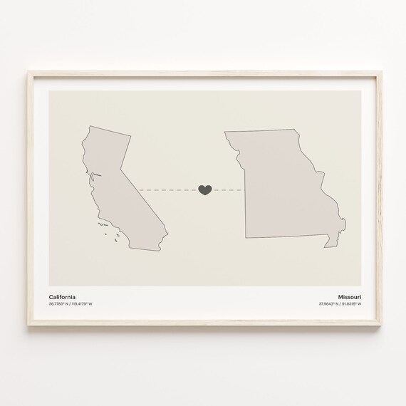 California Missouri Minimalist Long Distance Love Heart Map Poster