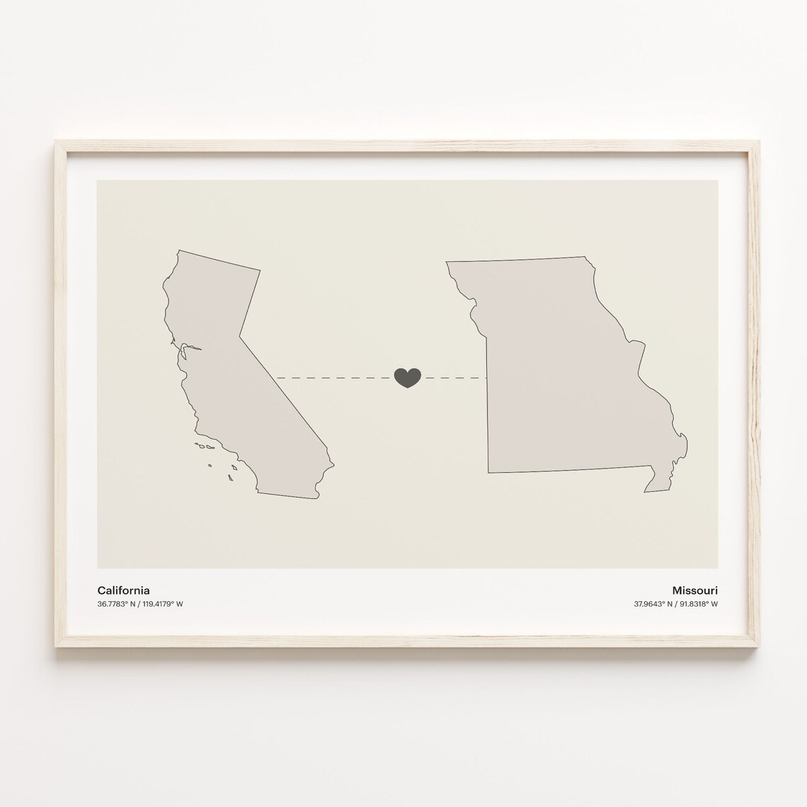California Missouri Minimalist Long Distance Love Heart Map Poster