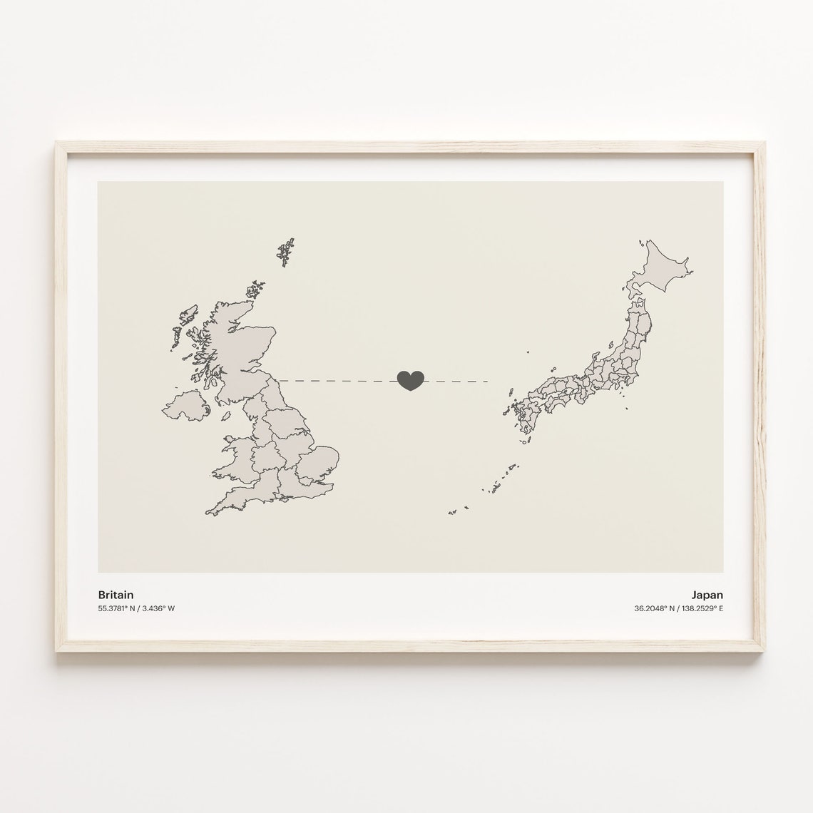 Britain To Japan Minimal Heart Country Connection Map Poster