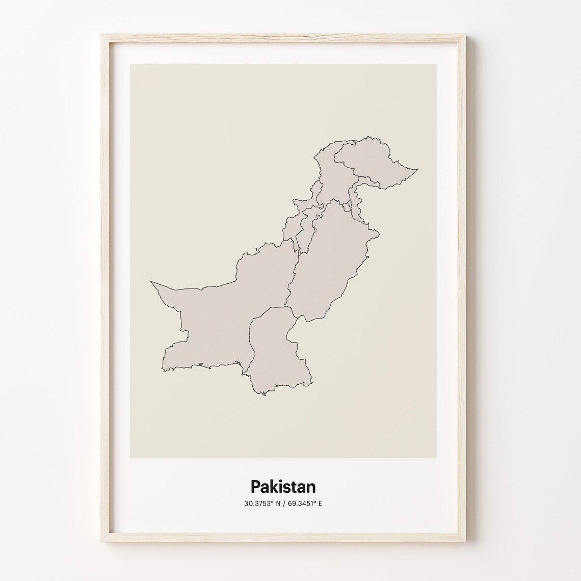Pakistan Minimalist Map Poster With Printed Coordinates Neutral Home Decor