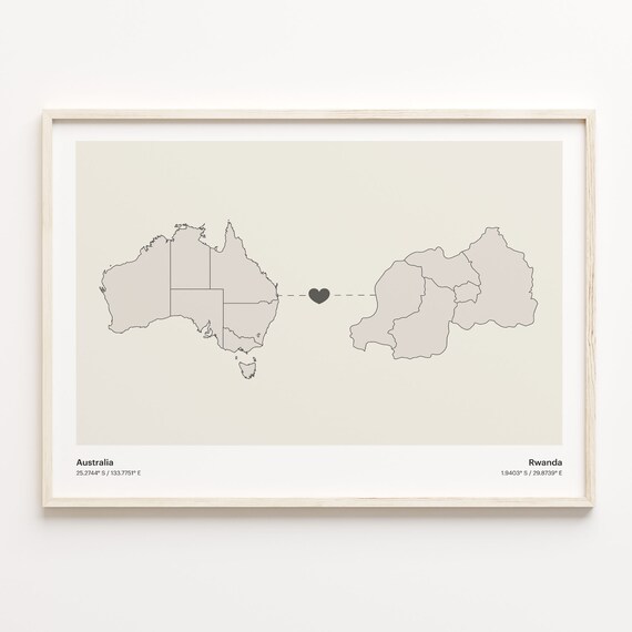 Australia to Rwanda Minimalist Heart Couple Connection Map Poster