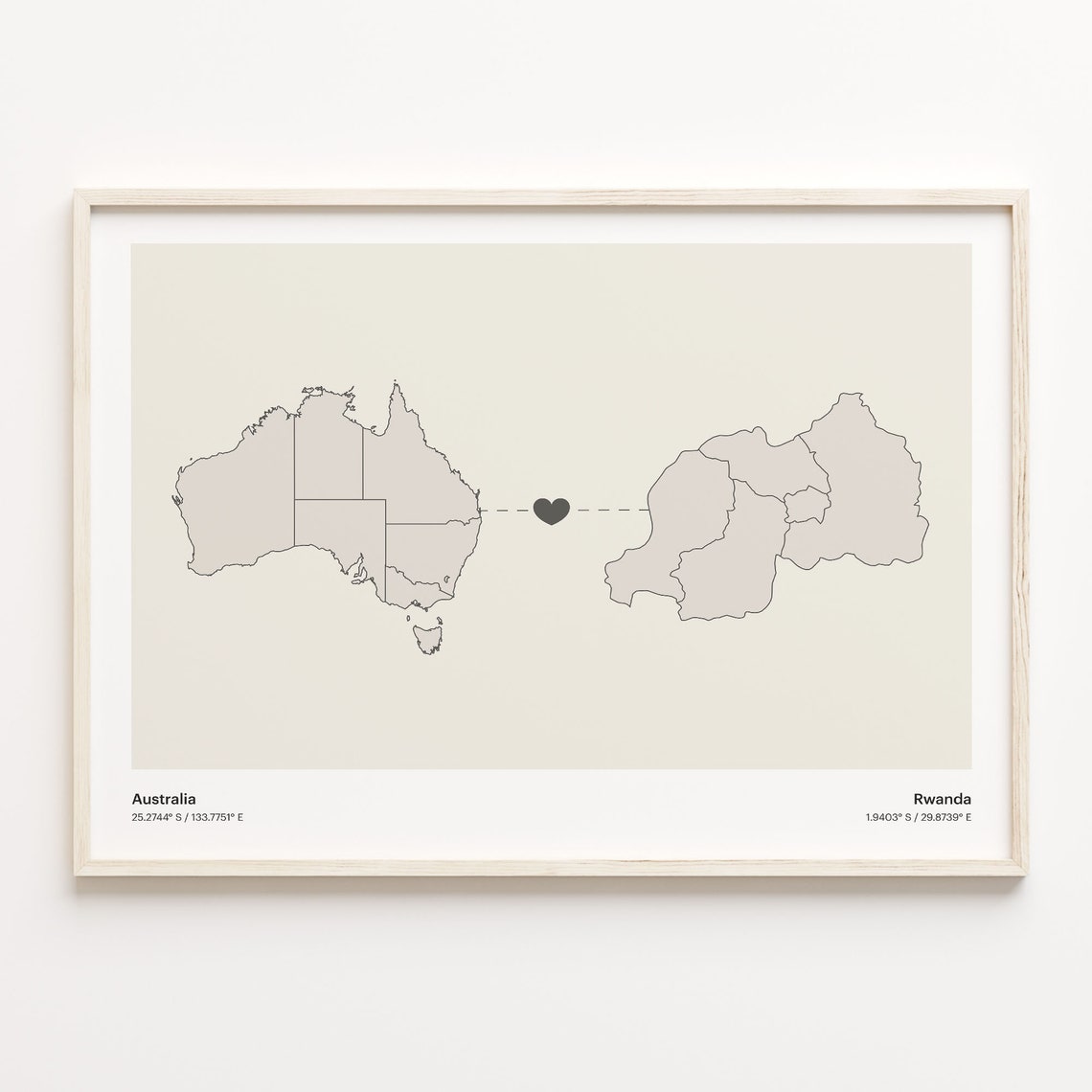 Australia to Rwanda Minimalist Heart Couple Connection Map Poster