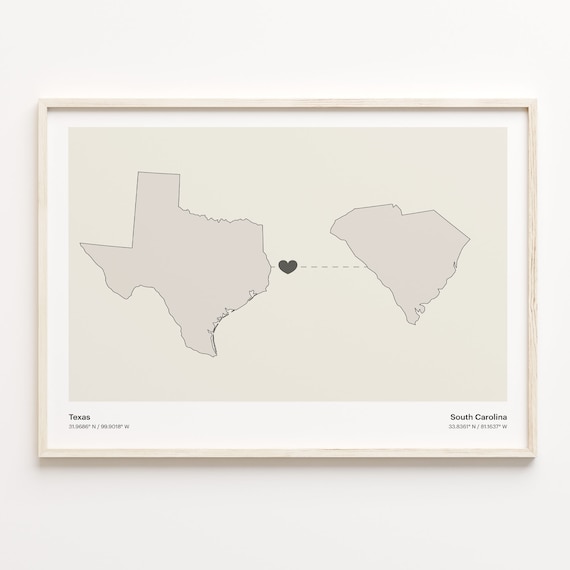 Texas South Carolina Minimalist Long Distance Love Heart Map Poster