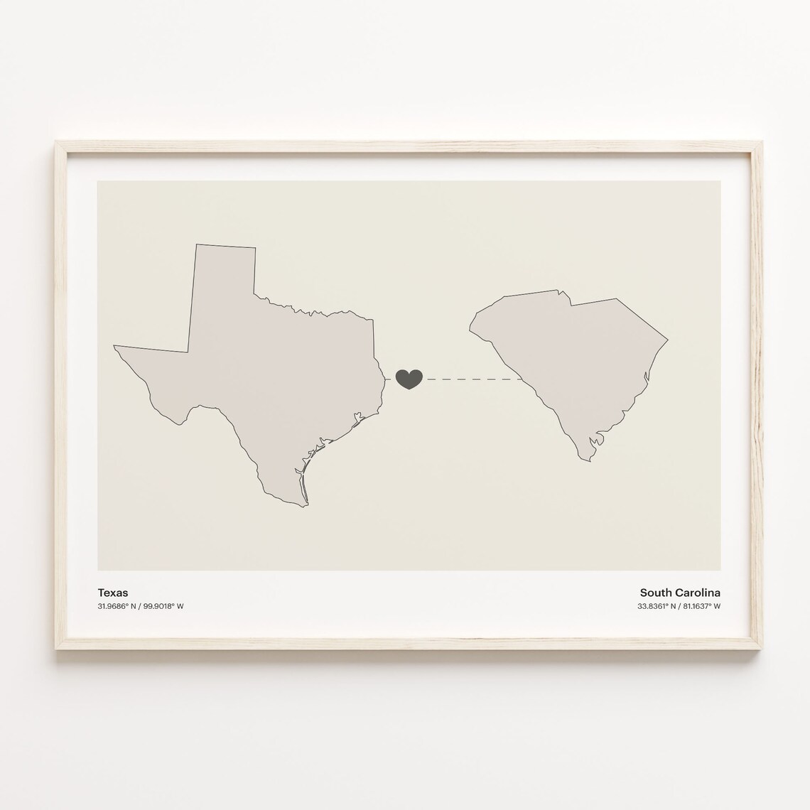 Texas South Carolina Minimalist Long Distance Love Heart Map Poster