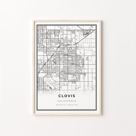 Clovis California City Map Black White Street Line Art Minimalist Poster
