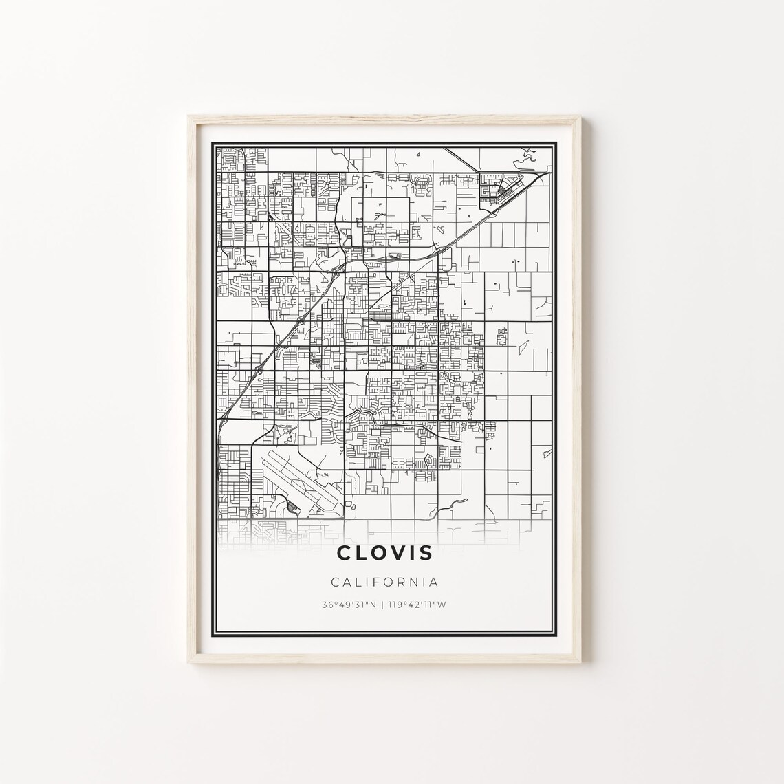 Clovis California City Map Black White Street Line Art Minimalist Poster