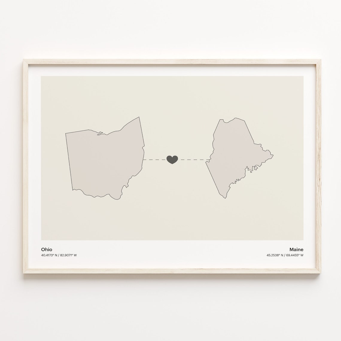 Ohio to Maine Long Distance Minimalist Heart Connection Map Poster
