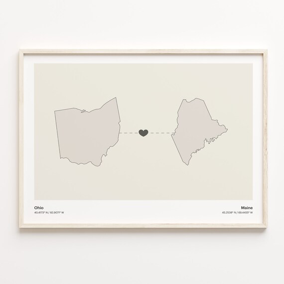 Ohio to Maine Long Distance Minimalist Heart Connection Map Poster