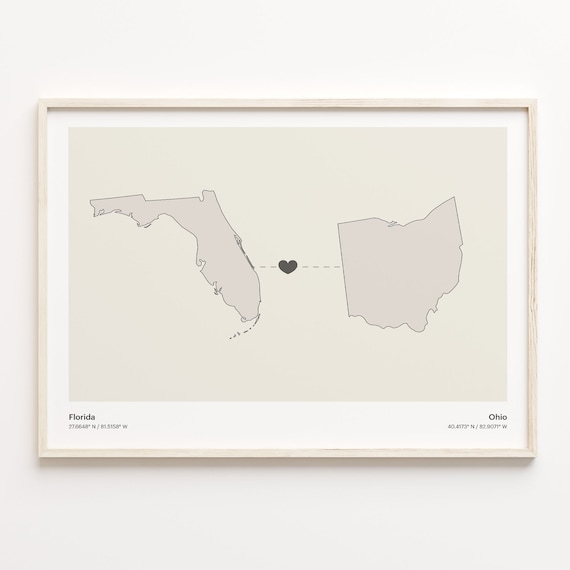 Florida to Ohio Heart Map Long Distance Relationship Art Poster