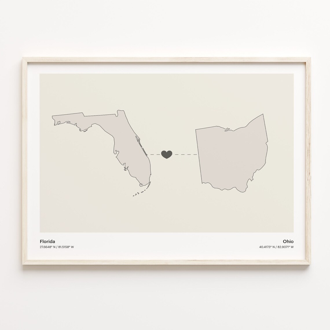 Florida to Ohio Heart Map Long Distance Relationship Art Poster