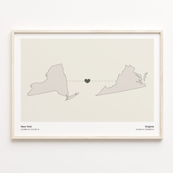 New York to Virginia Heartfelt Long Distance Connection Map Poster