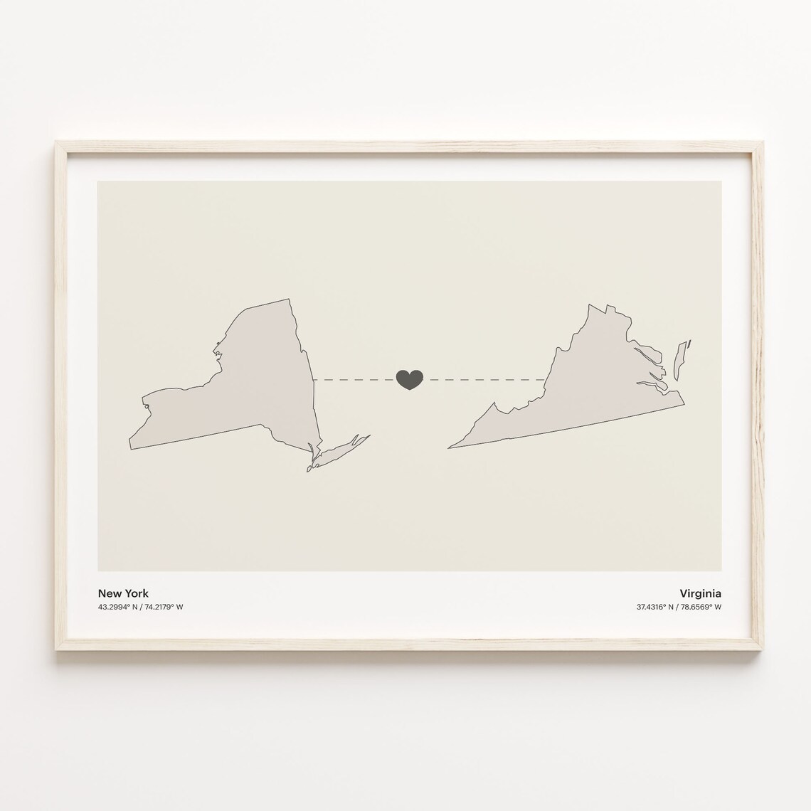 New York to Virginia Heartfelt Long Distance Connection Map Poster