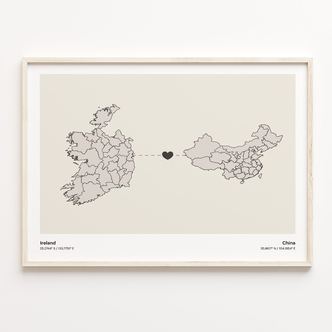 Ireland to China Heartfelt Long Distance Connection Map Poster