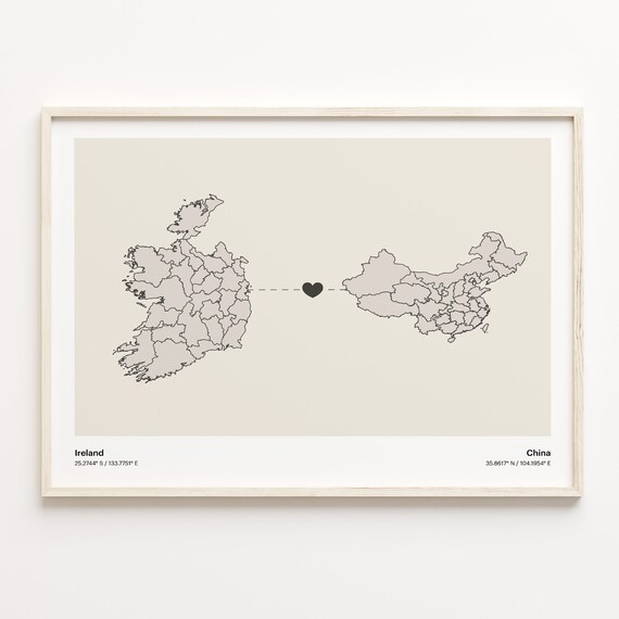 Ireland to China Heartfelt Long Distance Connection Map Poster