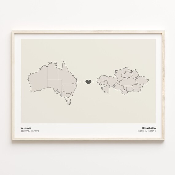 Australia Kazakhstan Long Distance Heart Connection Map Poster