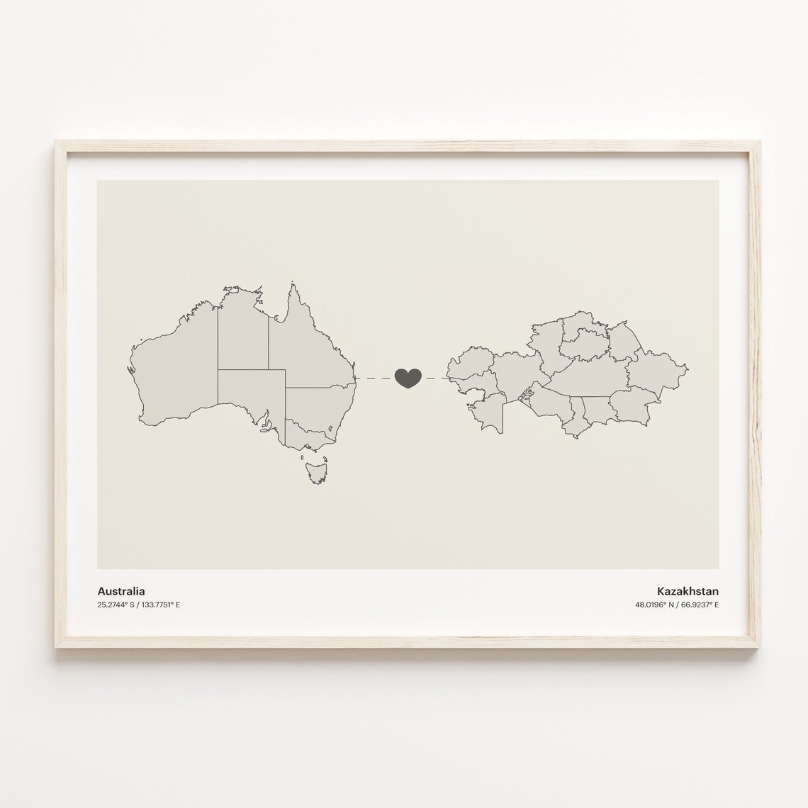 Australia Kazakhstan Long Distance Heart Connection Map Poster