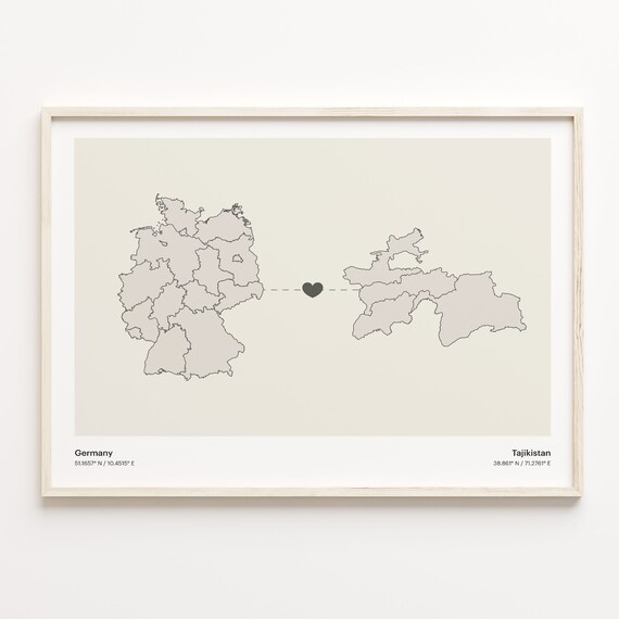 Germany to Tajikistan Connection Map Poster Heart Between Nations