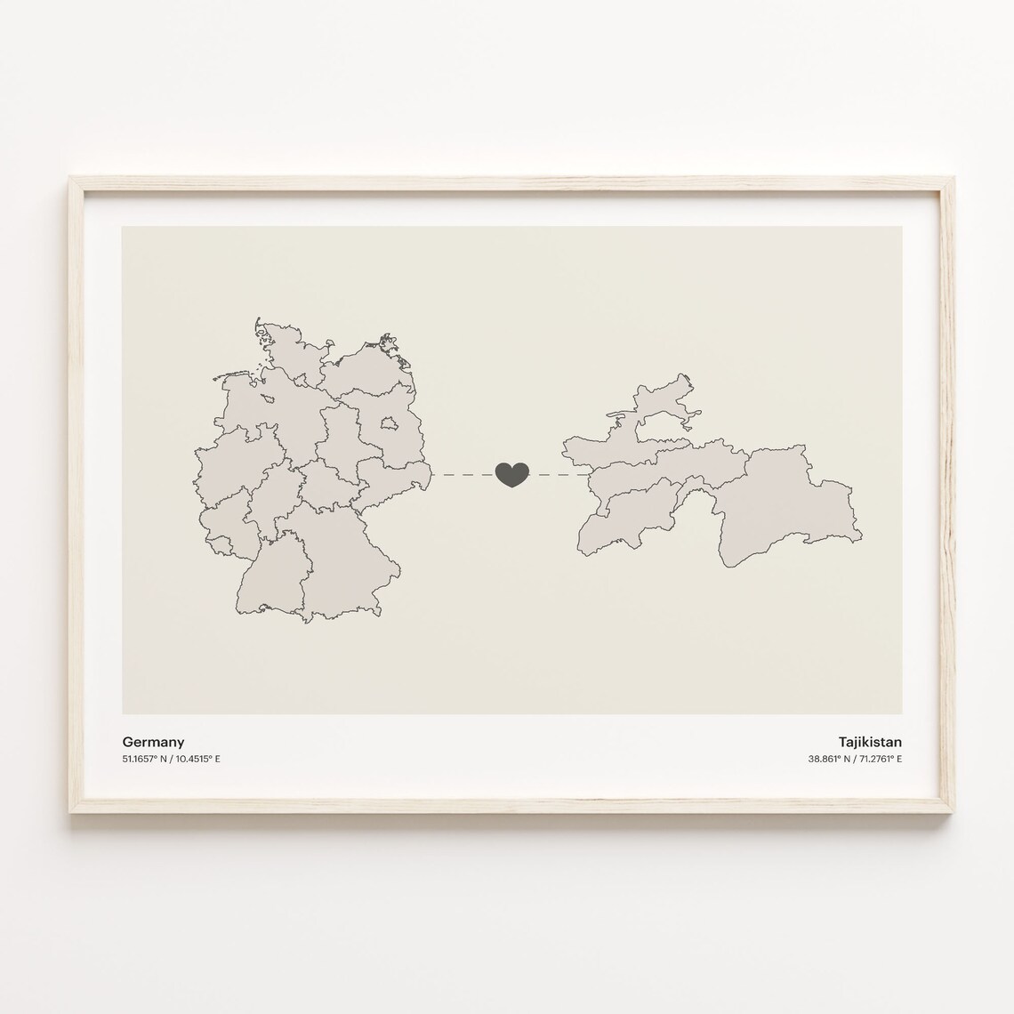 Germany to Tajikistan Connection Map Poster Heart Between Nations
