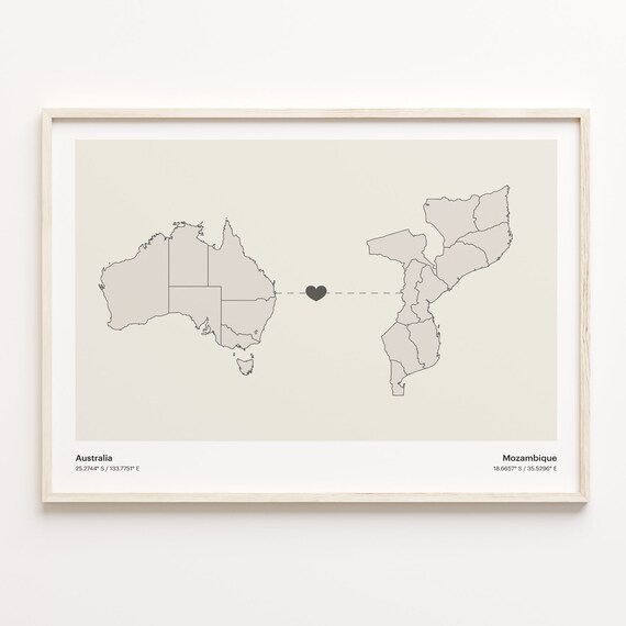 Australia To Mozambique Long Distance Heart Map Couple Gift Poster