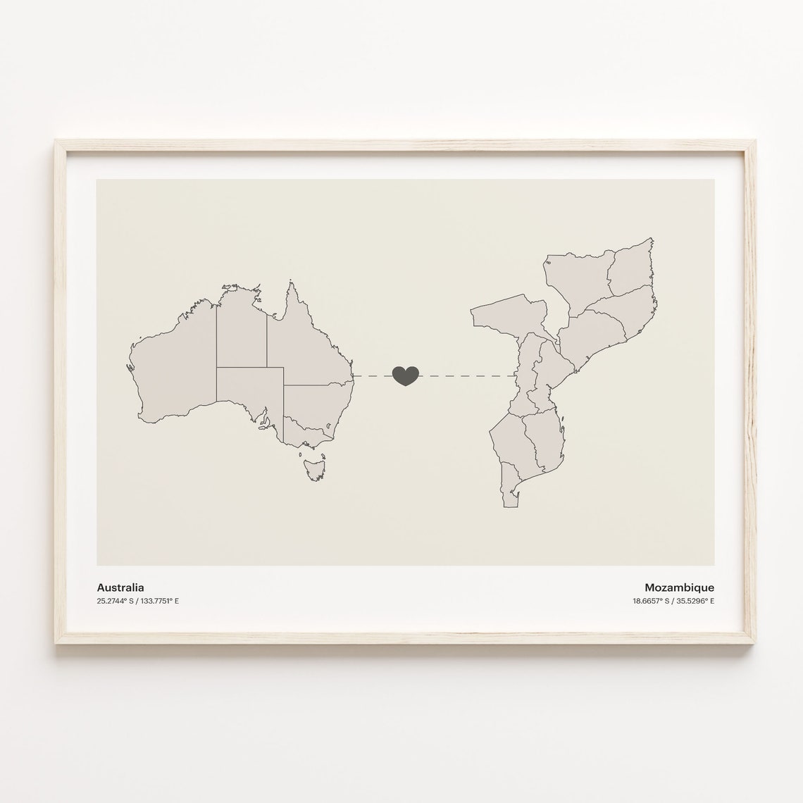 Australia To Mozambique Long Distance Heart Map Couple Gift Poster