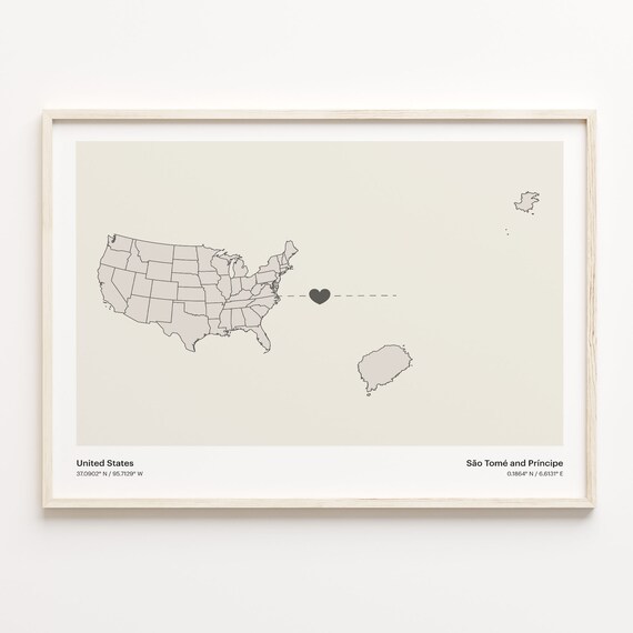 United States to Sao Tome and Principe Heart Map Long Distance Poster