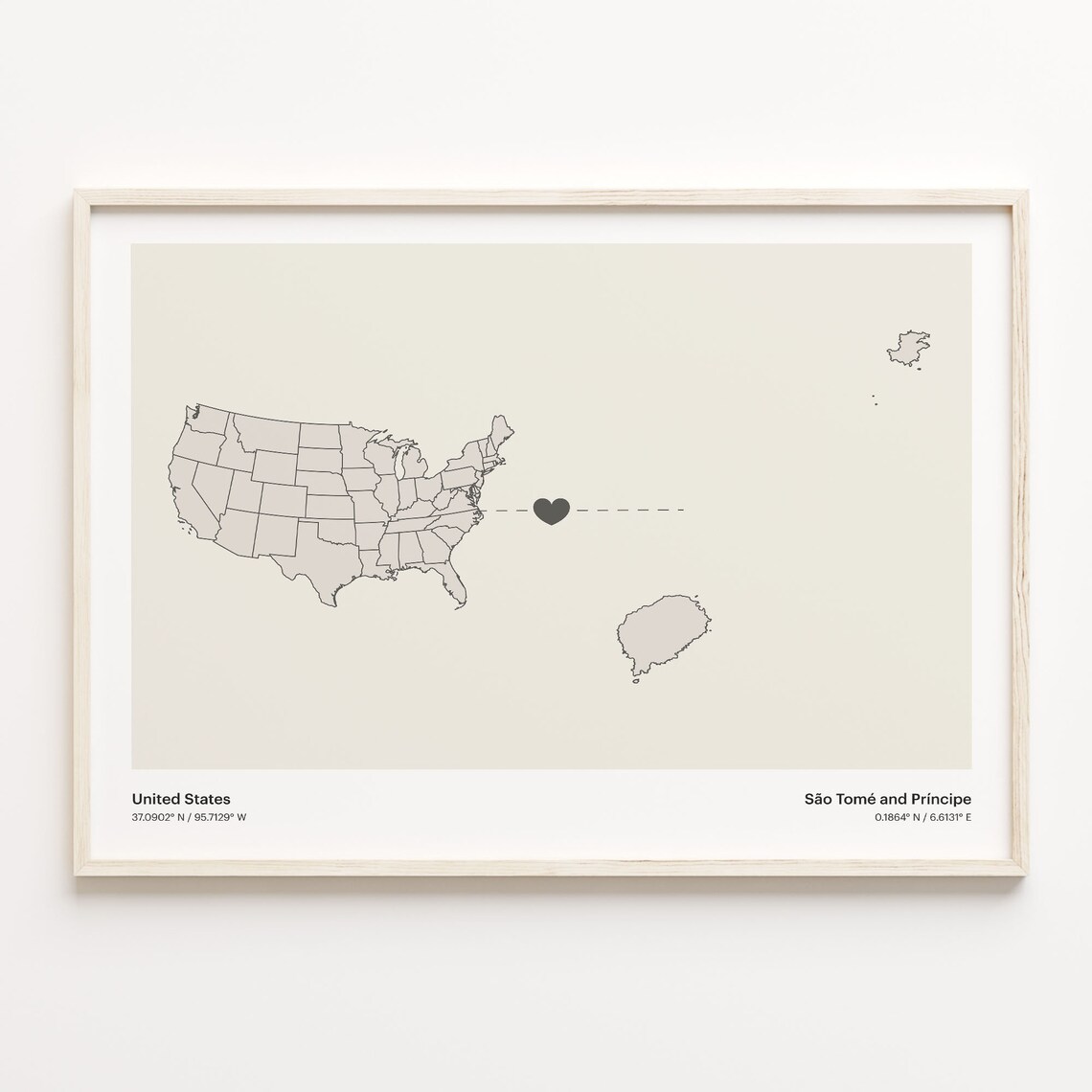 United States to Sao Tome and Principe Heart Map Long Distance Poster