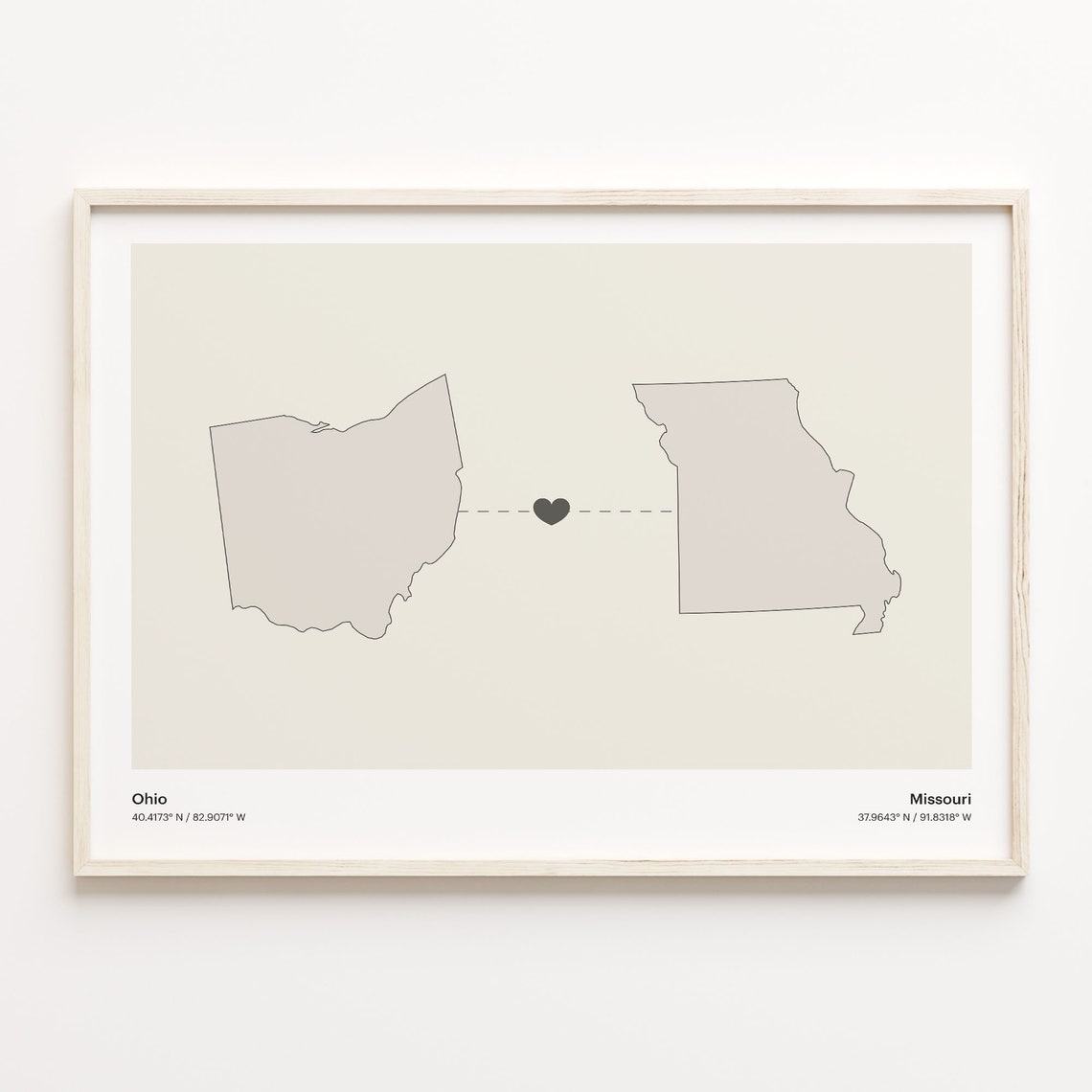Ohio And Missouri Long Distance Love Minimalist Heart Map Poster