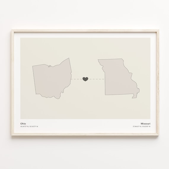 Ohio And Missouri Long Distance Love Minimalist Heart Map Poster