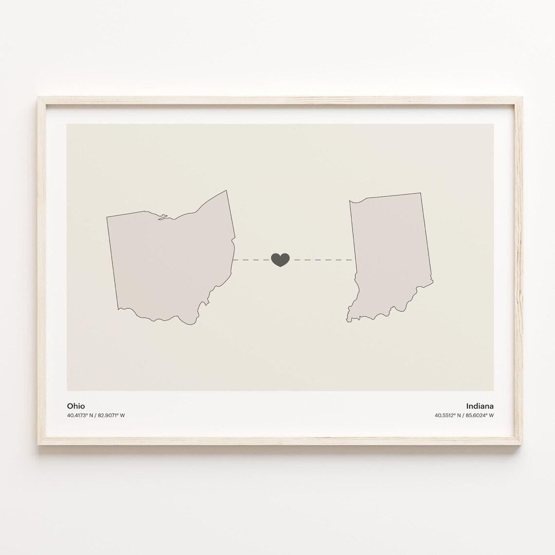 Ohio to Indiana Long Distance Minimalist Heart Map Art Poster