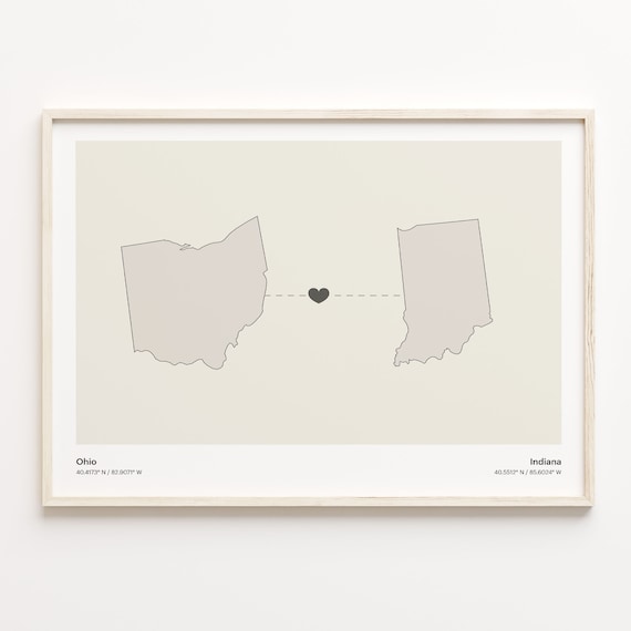 Ohio to Indiana Long Distance Minimalist Heart Map Art Poster