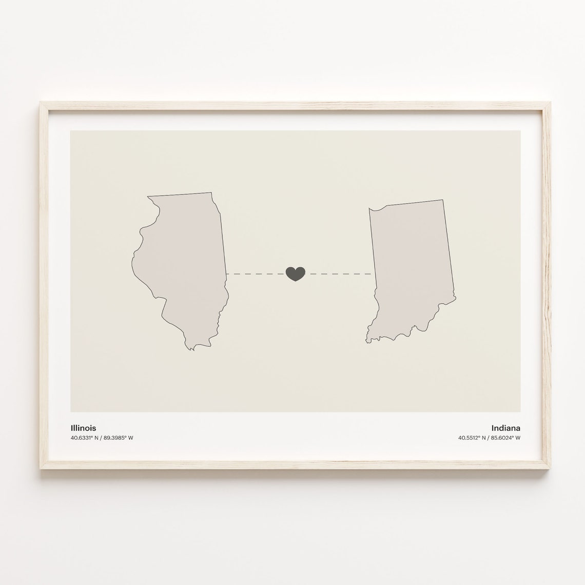 Illinois Indiana Long Distance Love Connection Heart Map Poster