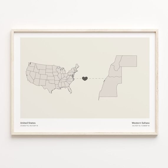 United States to Western Sahara Heart Connection Long Distance Map Poster