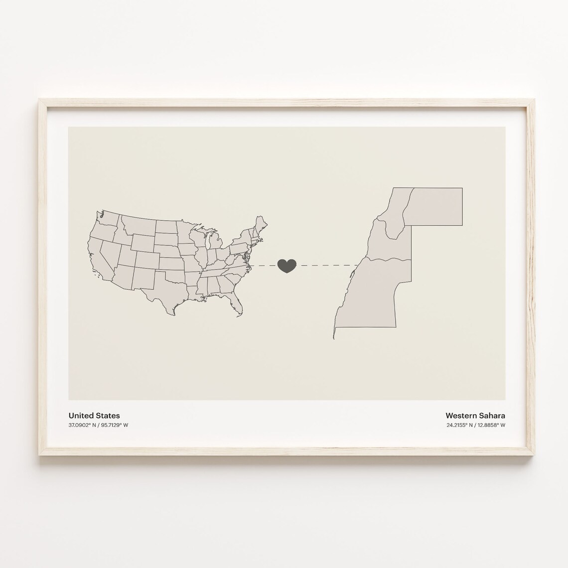 United States to Western Sahara Heart Connection Long Distance Map Poster