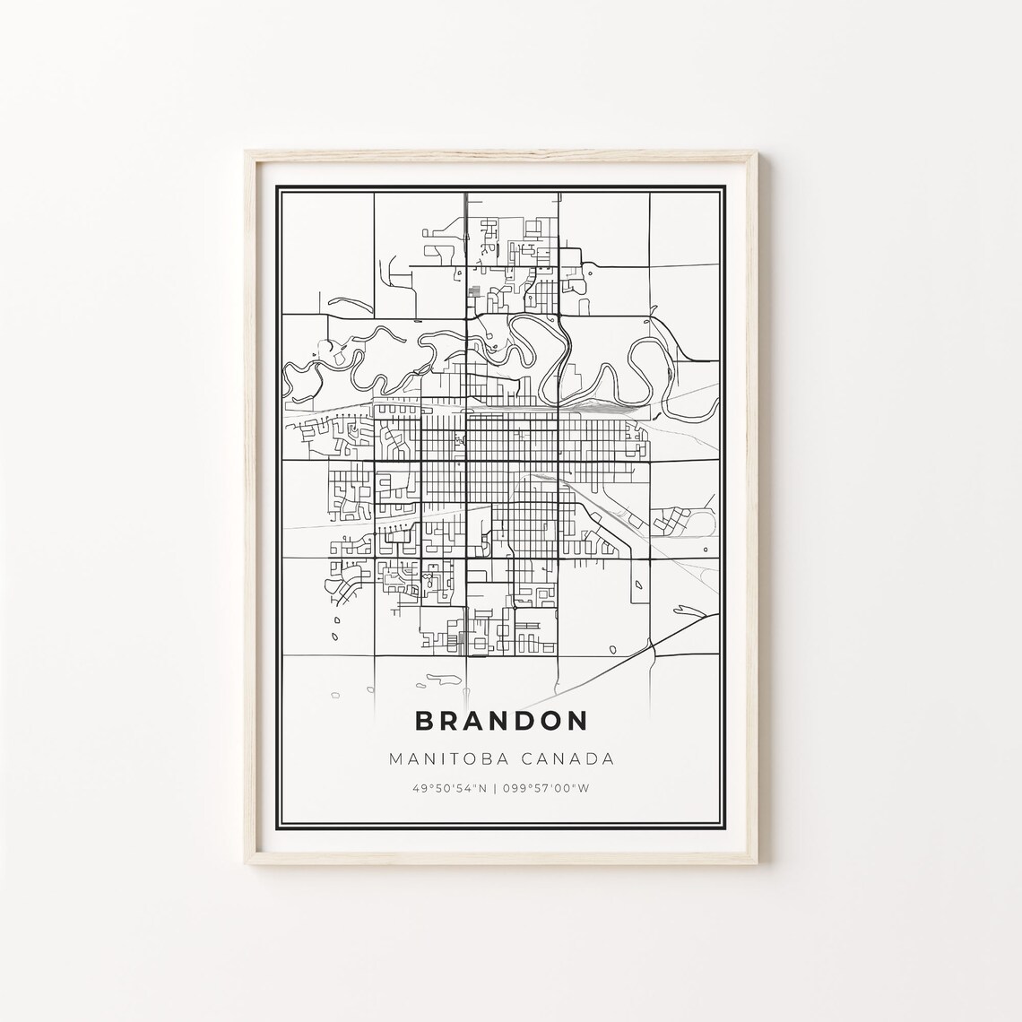 Brandon Manitoba Canada Black White Minimalist City Street Map Art Poster