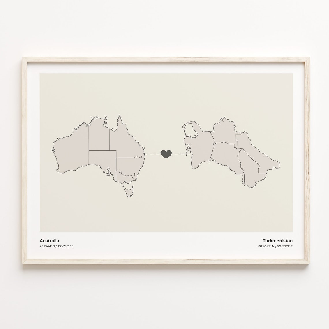 Australia to Turkmenistan Minimalist Heart Connection Map Poster