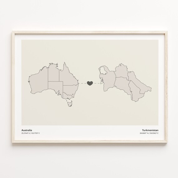 Australia to Turkmenistan Minimalist Heart Connection Map Poster
