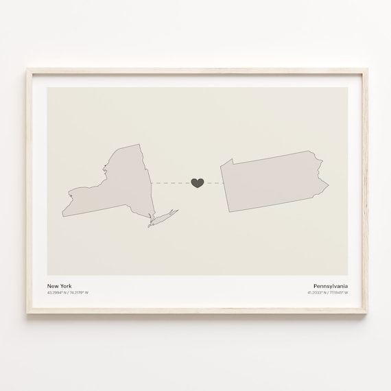 New York To Pennsylvania Minimalist Map Heart Connection Poster