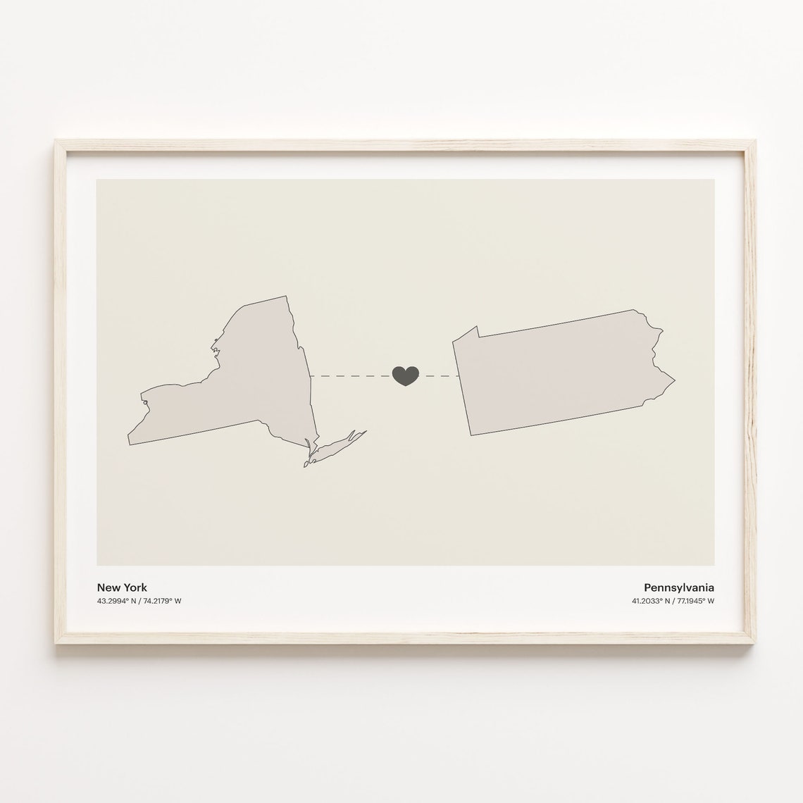 New York To Pennsylvania Minimalist Map Heart Connection Poster