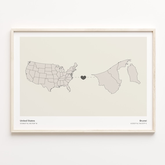 United States To Brunei Minimalist Heart Map Connection Gift Poster