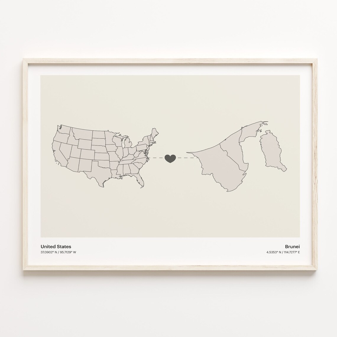 United States To Brunei Minimalist Heart Map Connection Gift Poster