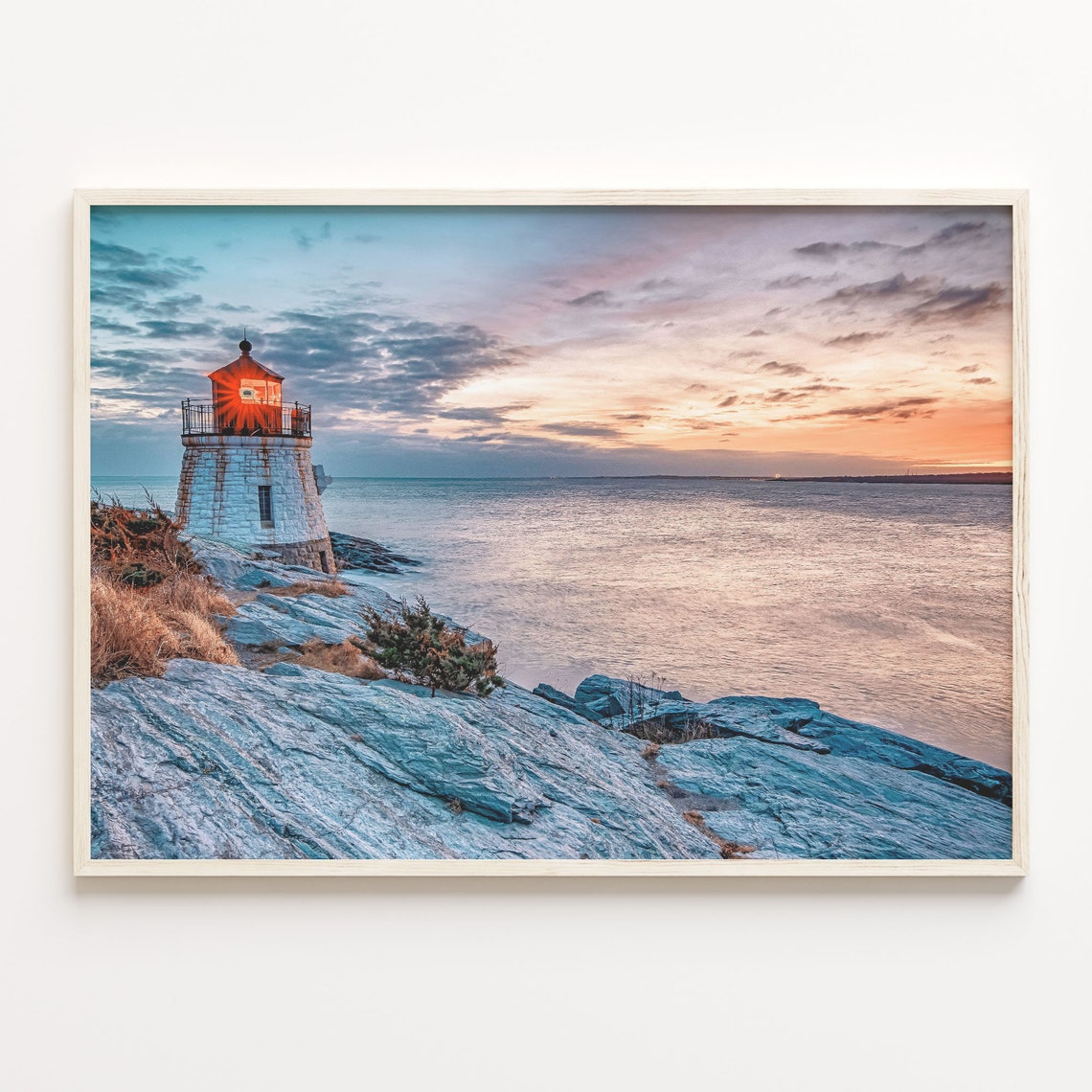 Rhode Island Coastal Lighthouse On Rocky Cliffs Sunset Poster